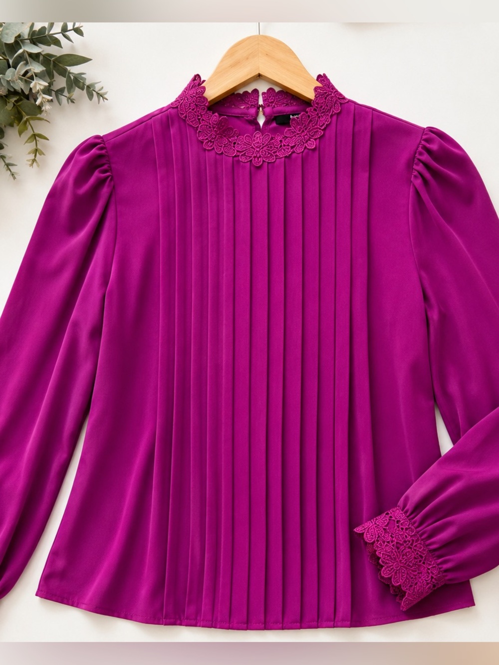 SHEIN Pleated Lace Trim Blouse | Magenta Purple Long Sleeve Top | Size XL |NWOT